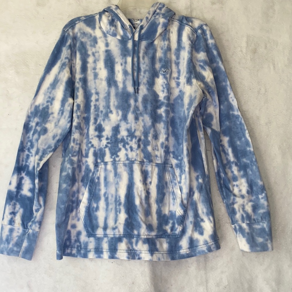 Hollister Blue & White Tie Dye Long Sleeve Pullover Hoodie Unisex Size M